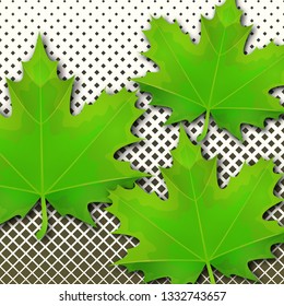 Bright spring green maple leaves on a background of small squares of halftones. Template for banner or advertisement. Vector illustration for your design.