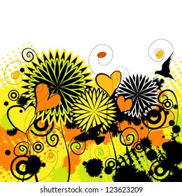 Bright spring grunge floral background with hearts and flowers