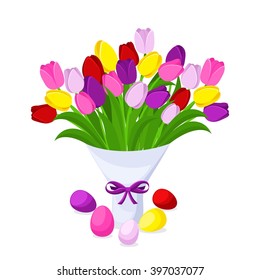 Bright spring illustration with a bouquet of flowers, a beautiful sprinkler, the template for a happy Easter. Isolated vector illustration