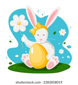 Bright spring illustration with cute white rabbit, easter egg, balloon daisy. Vector in cartoon style isolated on white background.
Illustration for card, poster, banner, sticker, etc