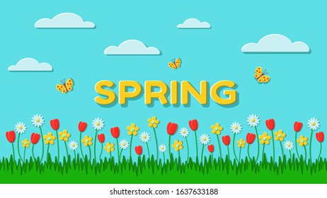 
Bright spring illustration. Field with blooming flowers against the blue sky and clouds. The original inscription spring. Flat illustration in modern style.