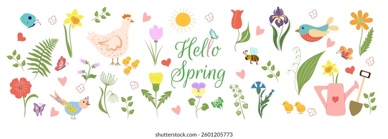 Bright spring illustration with flowers, birds, butterflies, chickens and gardening elements. Perfect for greeting cards, posters, invitations, stickers and prints.