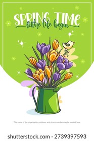 Bright spring illustration of purple and yellow crocus flowers arranged in a green watering pitcher with a small bird and hand-lettered Spring Time header on a vivid green background. Vector illustration