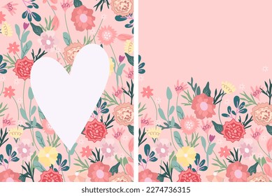 Bright spring illustrations with wildflowers, daisies, tulips, carnations and green leaves. Spring flowering. Ideal for greeting cards, cards, banners, posters. Vector graphics.