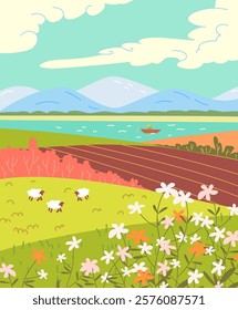 A bright spring landscape with fields, a pond, wildflowers, mountains. Spring poster, illustration