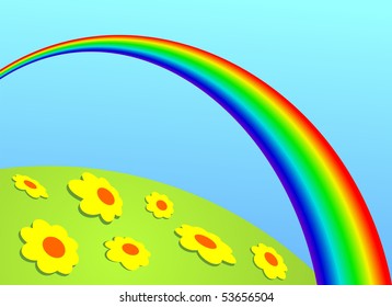 Bright spring landscape with rainbow