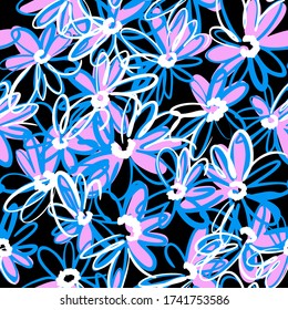Bright spring nature background. Ditsy seamless pattern made of artistic meadow daisy flowers. Petals and buds. Felt tip pen. Outline flat sketch drawing.