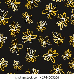 Bright spring nature background. Ditsy seamless pattern made of artistic daisy flowers. Scattered daisies in simple minimalist style. Felt tip pen. Sketch design, outline drawing.