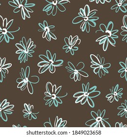 Bright spring nature background. Ditsy seamless pattern made of artistic daisy flowers. Scattered daisies in simple minimalist style. Felt tip pen. Sketch design, outline drawing.