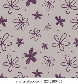 Bright spring nature background. Ditsy pattern made of artistic daisy flowers. Scattered daisies in simple minimalist style. Felt tip pen. Sketch design, outline drawing.