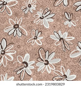 Bright spring nature background. Ditsy seamless pattern made of stylized daisy flowers mixed with floral lace texture. Scattered daisies in simple minimalist style. Sketch design, outline drawing.