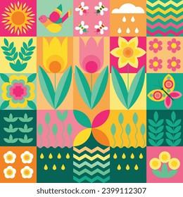 Bright spring nature background. Modern creative geometric pattern with stylized bird, flowers, bees, leaves. Texture for wallpaper, paper, packaging, textile, home decor, souvenirs