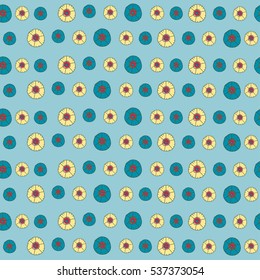 Bright spring pattern with flowers and floral elements on a blue background. Vector illustration. 
