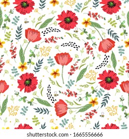 Bright spring pattern with flowers. Folklore motifs, stylization of embroidery. Vector illustration. Manual graphics. Suitable for decorating various surfaces.