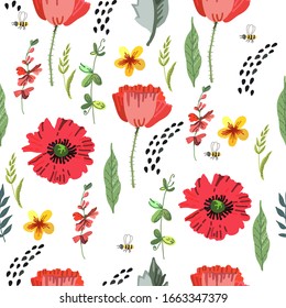 Bright spring pattern with flowers. Vector illustration. Manual graphics. Suitable for decorating various surfaces.