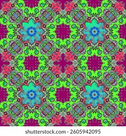 Bright spring pattern with mandalas and tulip flowers on a shining green background. Seamless boho print for fabric. Scarf, carpet, tablecloth in ethnic style.