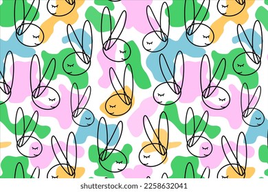 bright spring pattern.
seamless illustration of spring flowers in the form of spots in the form of camouflage. children's cheerful pattern with rabbit character.