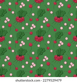 Bright spring pink radish modern seamless pattern on the green background. Vector flat texture. Perfect for kitchen fabric, paper, cover, wrapping, interior decoration