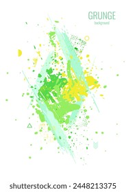 A bright spring poster on a white background. Light green, yellow, green splashes of paint, ink. Hand painted frame with a brush. Vector illustrations.