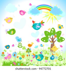 bright spring with rainbow