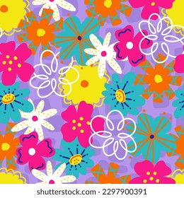 Bright Spring Retro Florals Vector Seamless Pattern