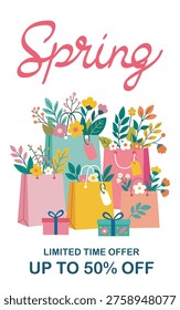 Bright spring sale poster with cursive typography and shopping bags overflowing with floral bouquets and special discount information.