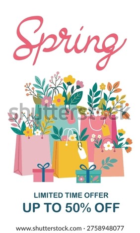 Bright spring sale poster with cursive typography and shopping bags overflowing with floral bouquets and special discount information.