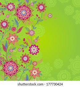 Bright spring seamless border with flowers and leaves. Place for your text. Ornamental wallpaper. It can be used for decorating of wedding invitations, greeting cards, decoration for bags and clothes.