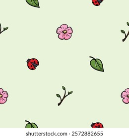 Bright spring seamless pattern with flower, ladybug and plants. Vector background for decoration, print, wrapping paper, wall decoration. Repeating icons, signs and symbols for endless background