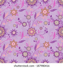 Bright spring seamless pattern with flowers and leaves. 