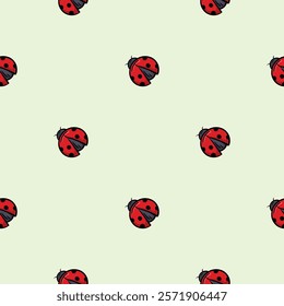 Bright spring seamless pattern with ladybug. Endless vector background for wrapping paper, print, decoration, wall decoration. Repeating hand drawn icons and elements