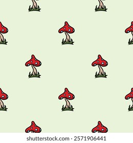 Bright spring seamless pattern with mushroom, fly agaric. Endless vector background for wrapping paper, print, decoration, wall decoration. Repeating hand drawn icons and elements