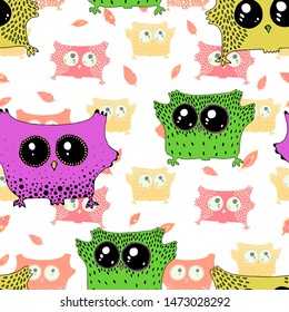 Bright spring seamless pattern in pastel colors. Cute owls on branches in butterflies and flowers in vector. Seamless pattern can be used for wallpapers, web page backgrounds