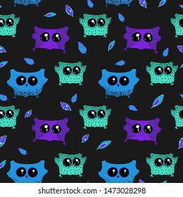 Bright spring seamless pattern in pastel colors. Cute owls on branches in butterflies and flowers in vector. Seamless pattern can be used for wallpapers, web page backgrounds