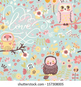 Bright spring seamless pattern in pastel colors. Cute owls on branches in butterflies and flowers in vector. Seamless pattern can be used for wallpapers, web page backgrounds,surface textures