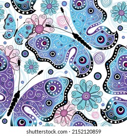 Bright spring seamless pattern with purple-blue butterflies and flowers on a transparent background. Vector