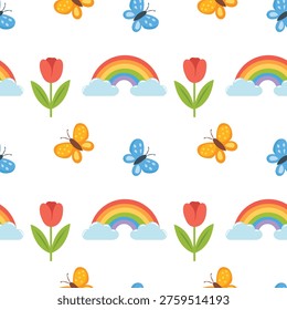 Bright spring seamless pattern with rainbow, butterfly and tulip