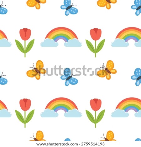 Bright spring seamless pattern with rainbow, butterfly and tulip