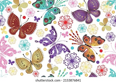 Bright spring seamless pattern with stylized butterflies and flowers on a transparent background. Vector eps 10