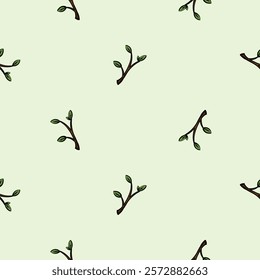 Bright spring seamless pattern with tree branch. Vector background for decoration, print, wrapping paper, wall decoration. Repeating icons, signs and symbols for endless background