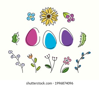 Luminoso conjunto de huevos y flores en primavera. Iconos minimalistas de Pascua Feliz