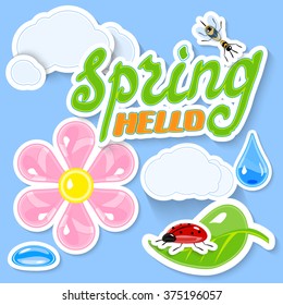 Bright Spring sticker Symbols - bee, ladybug, clouds, leaf, flower, rain drops and dewdrop. Hand Lettering "Spring Hello" for spring season update design