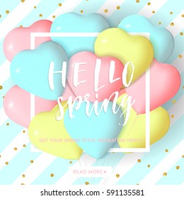 Bright spring striped card template with heart shape balloons and hand drawn lettering. Pink blue yellow colored template with gold confetti. Perfect for sale flyer, poster, e-card, banner, tag design