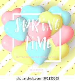 Bright spring striped card template with heart shape balloons and hand drawn lettering. Pink blue yellow colored template with gold confetti. Perfect for sale flyer, poster, e-card, banner, tag design