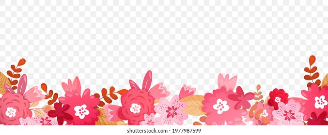 Bright spring summer flowers border. Decorative seamless design element on transparent background.