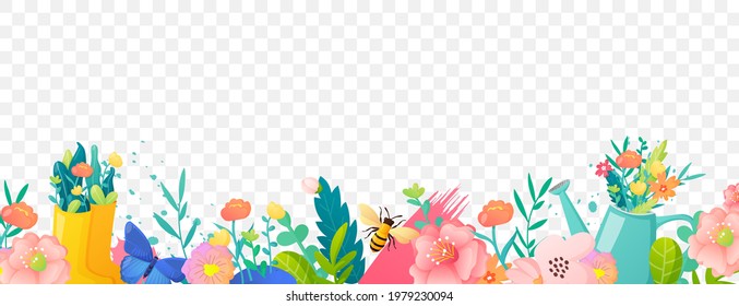 Bright spring summer flowers border. Decorative seamless design element on transparent background.