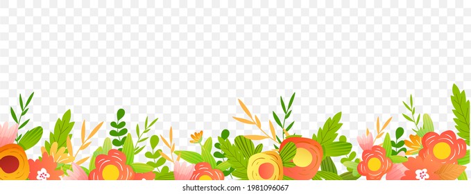 Bright spring summer flowers border. Decorative seamless design element on transparent background.