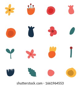 Bright spring and summer flowers.Isolated flowers on a white background. Flower buds. Simple vector cartoon flat illutration.Abstract floral background. Vector illustration for design, fabric