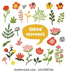 Bright, spring, summer set of floral elements, twigs, flowers, bouquets, isolated vector on a white background. For creating wreaths, Easter and greeting cards, wedding invitations, packaging