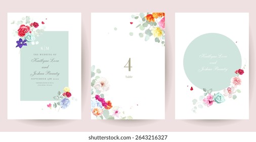 Bright spring vector flower design cards. Colorful wedding invitations with bright flowers and greenery. Tulips, roses, orchid, clematis, hiacynth, peony, carnation, flying petals and leaves. Isolated